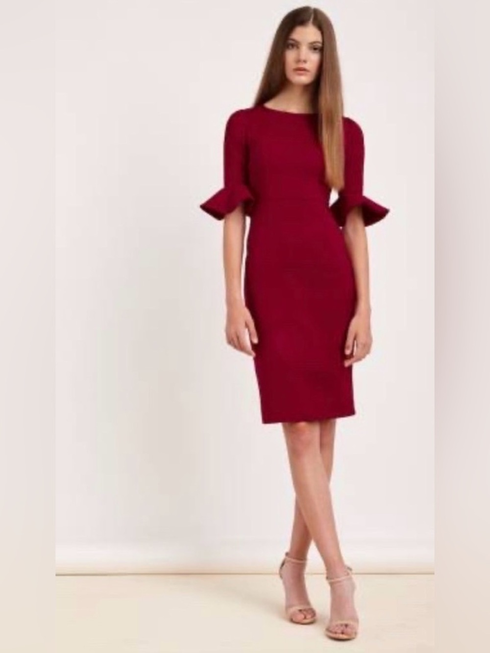 JCREW Maroon Peplum Dress Bell Sleeve Sheath Pencil Bodycon Career Office Formal